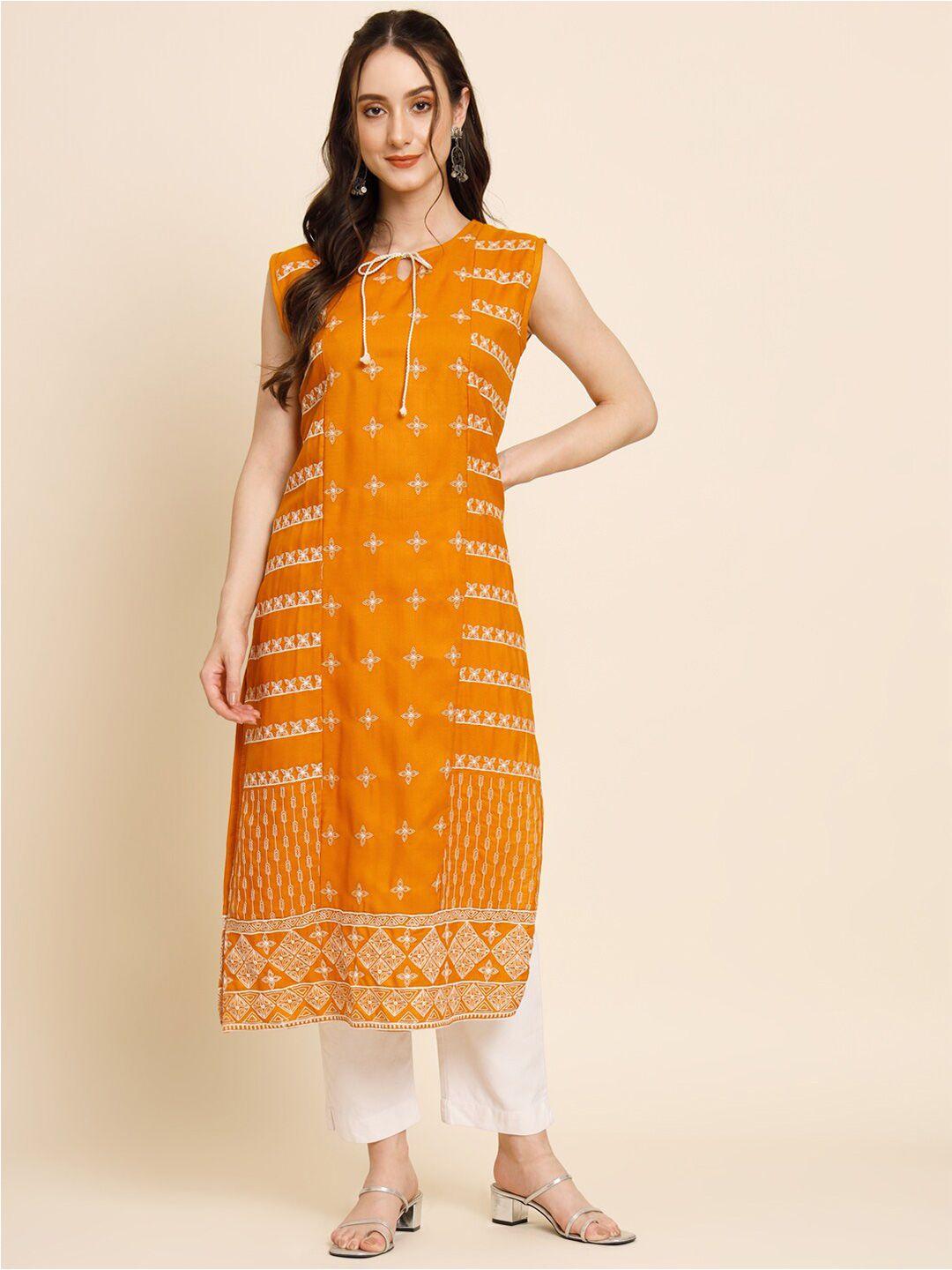 here&now mustard yellow & biege tie-up neck floral embroidered straight kurta