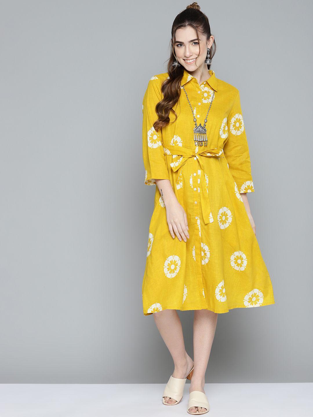 here&now mustard yellow & off white pure cotton floral print shirt dress