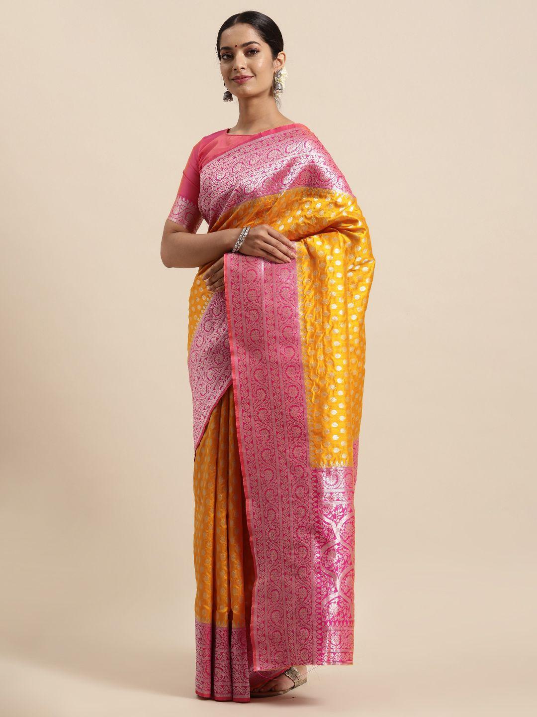 here&now mustard yellow & pink ethnic motifs woven zari silk blend banarasi saree