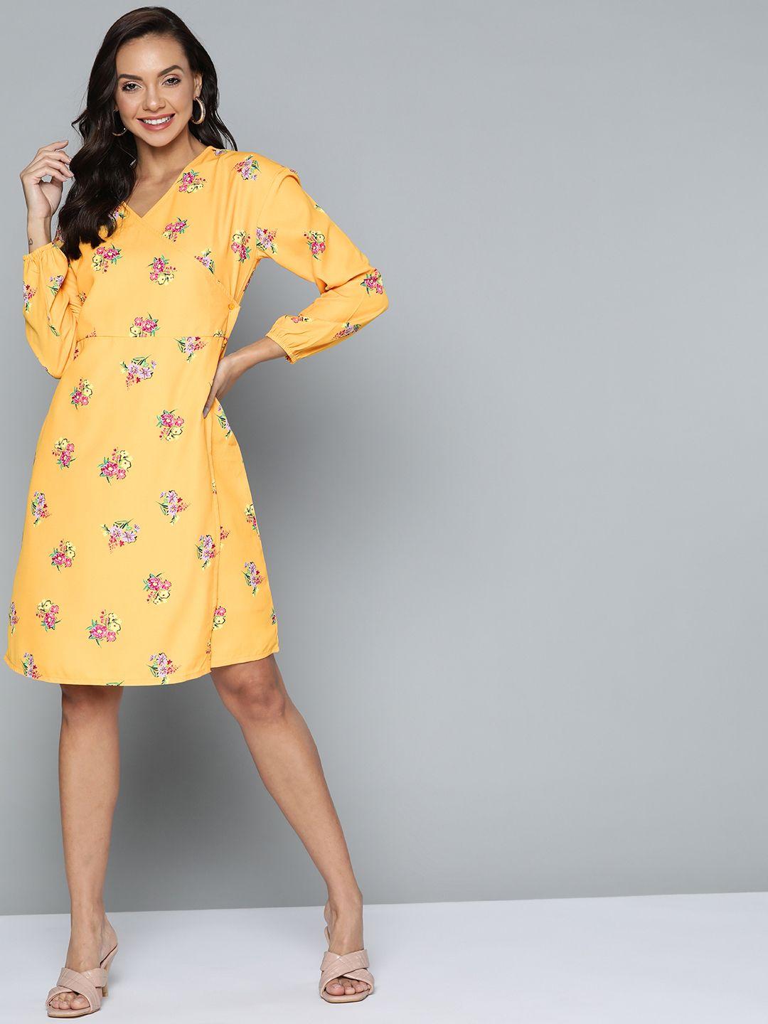 here&now mustard yellow & pink floral print sustainable crepe wrap dress