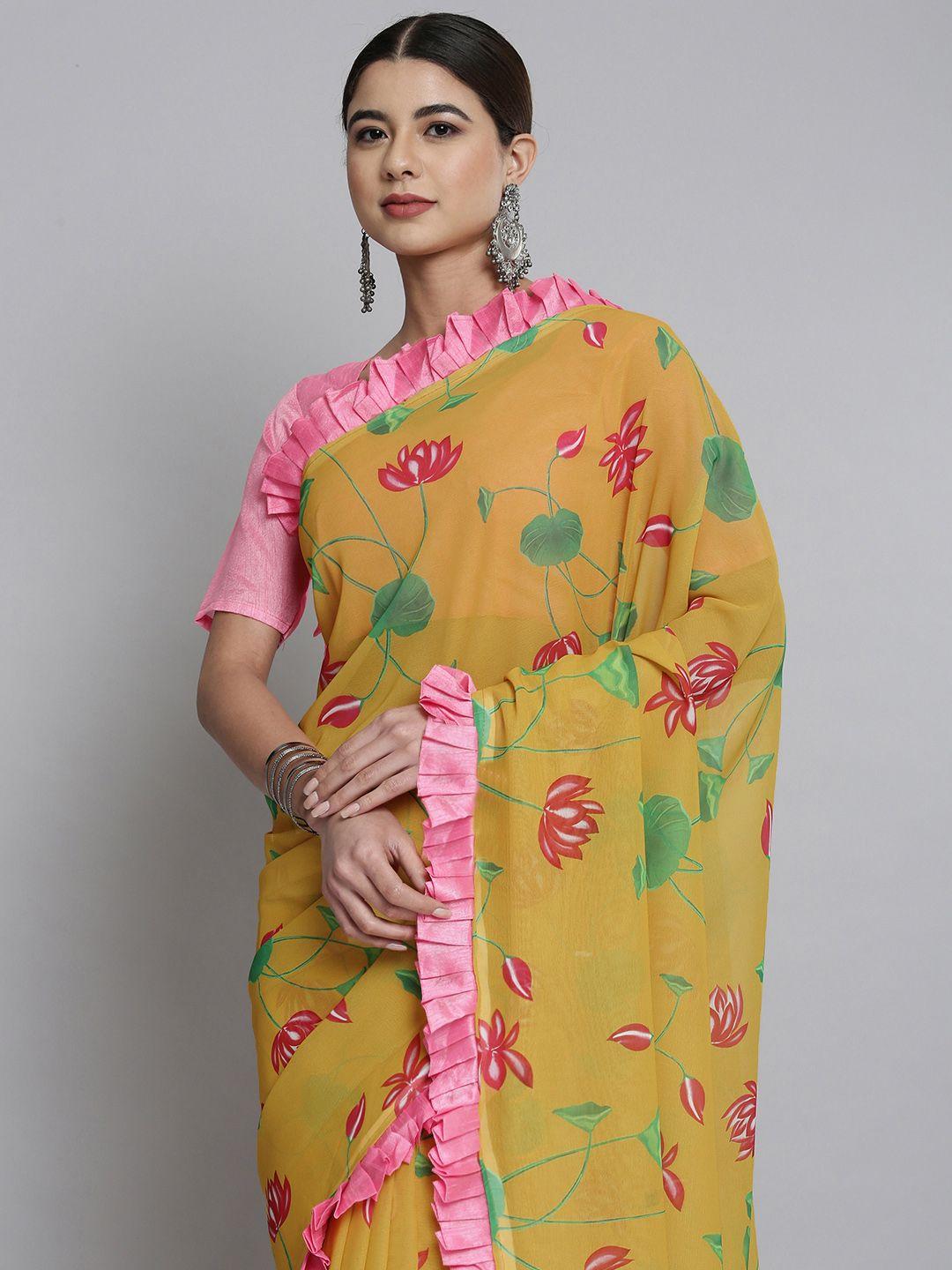 here&now mustard yellow & pink floral pure georgette saree