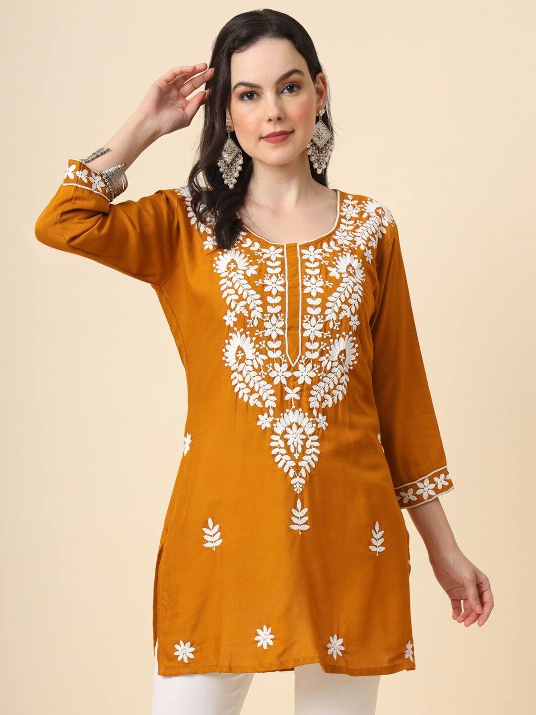 here&now mustard yellow & white ethnic motifs embroidered round neck straight kurti