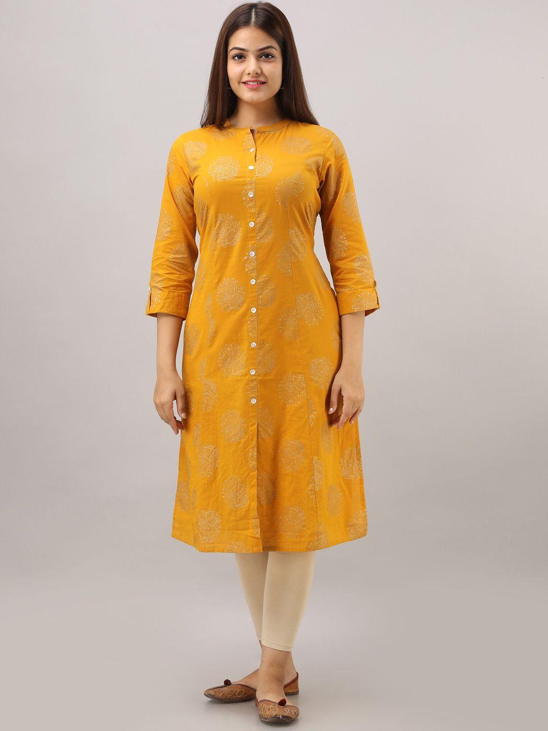 here&now mustard yellow ethnic motifs printed a-line kurta