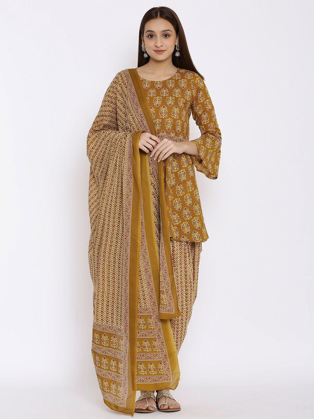 here&now mustard yellow floral printed a-line kurta with dhoti pants & with dupatta