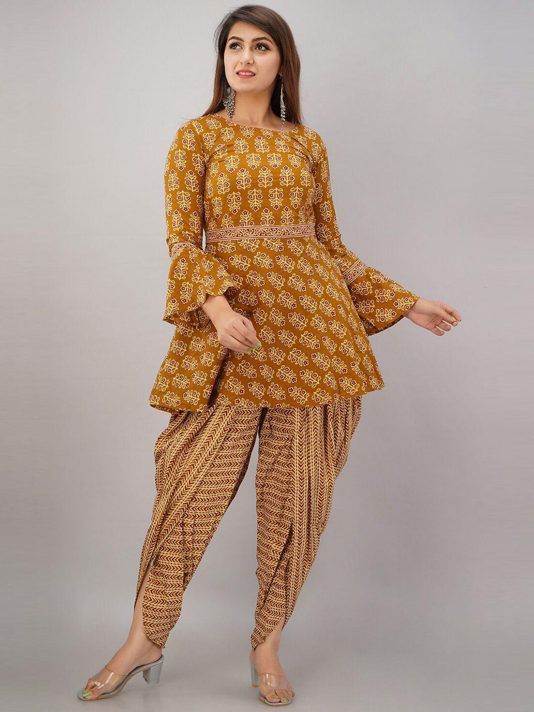 here&now mustard yellow floral printed a-line kurti with dhoti pants