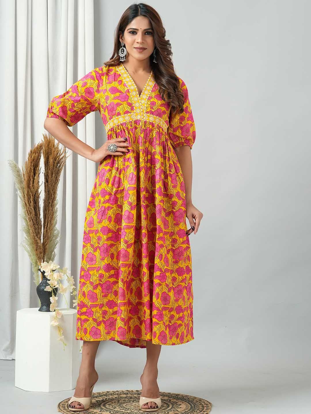 here&now mustard yellow floral printed v-neck gathered fit & flare ethnic dress