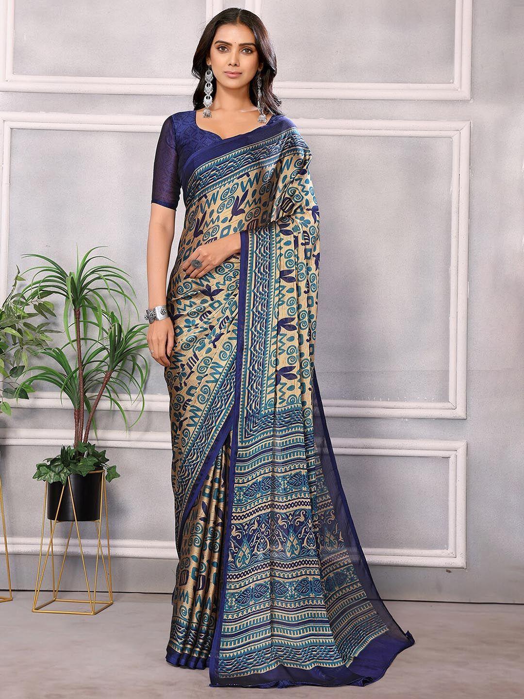 here&now navy blue & cream-coloured ethnic motifs pure chiffon saree