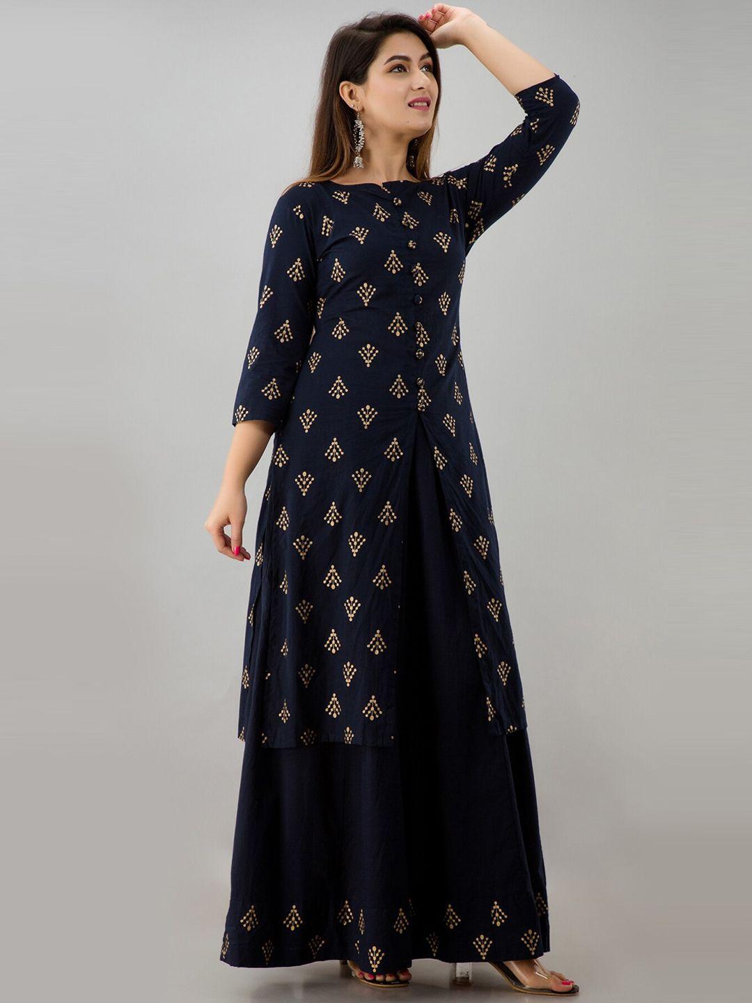 here&now navy blue & gold-toned ethnic motifs printed kurta with skirt