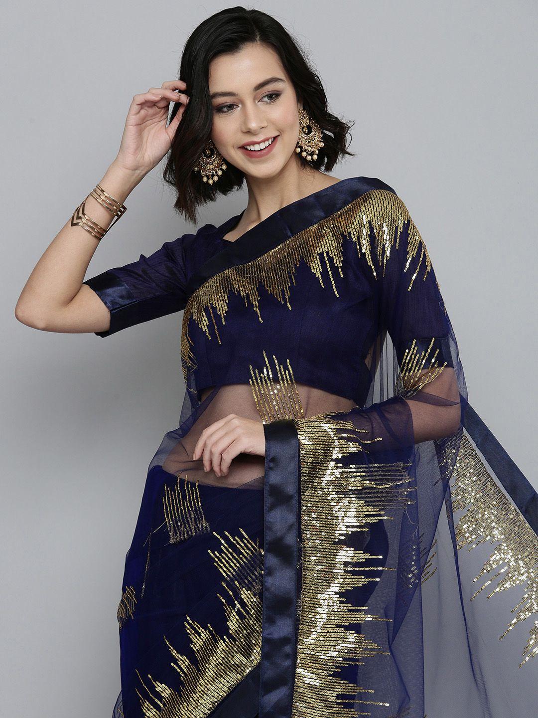 here&now navy blue & golden sequinned net saree