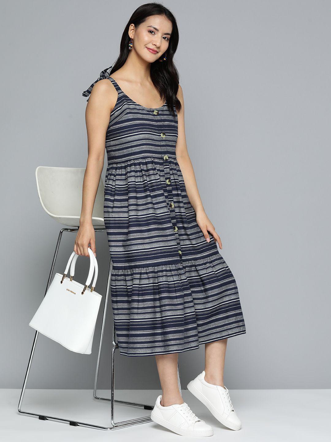 here&now navy blue & grey striped pure cotton tiered a-line midi dress