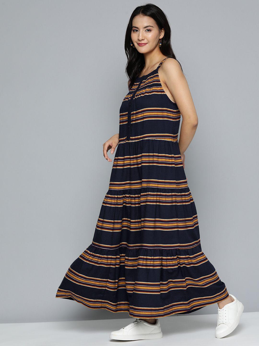 here&now navy blue & mustard yellow striped pure cotton tiered a-line midi dress