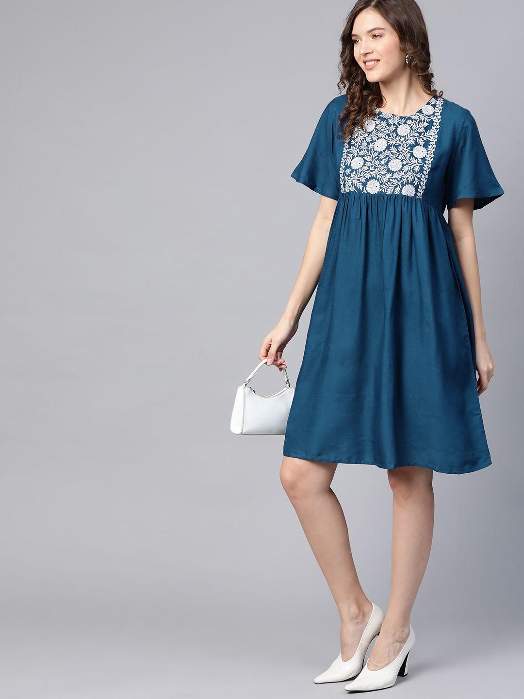 here&now navy blue & off white ethnic motifs a-line dress