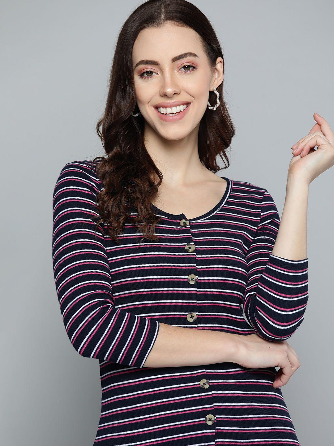 here&now navy blue & pink striped button down top