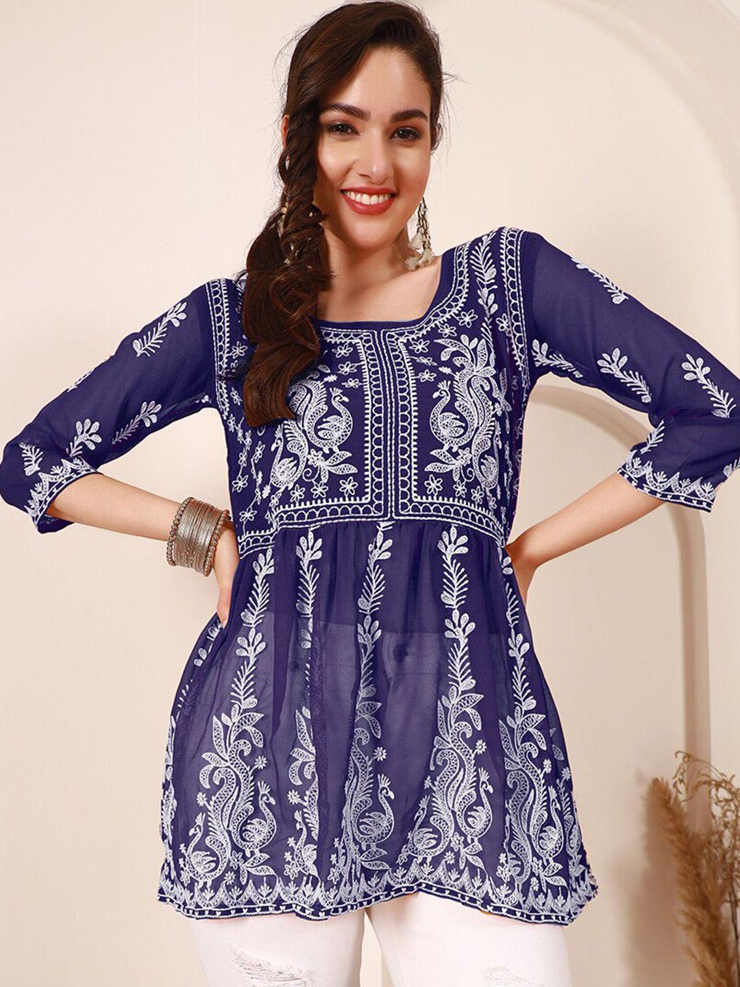 here&now navy blue & white chikankari embroidered a-line kurti