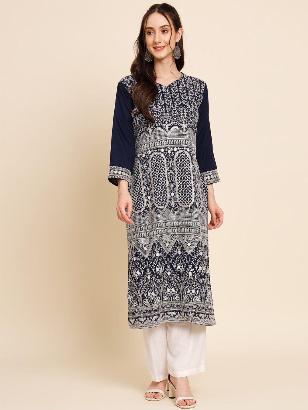 here&now navy blue & white ethnic motifs embroidered sequined kurta