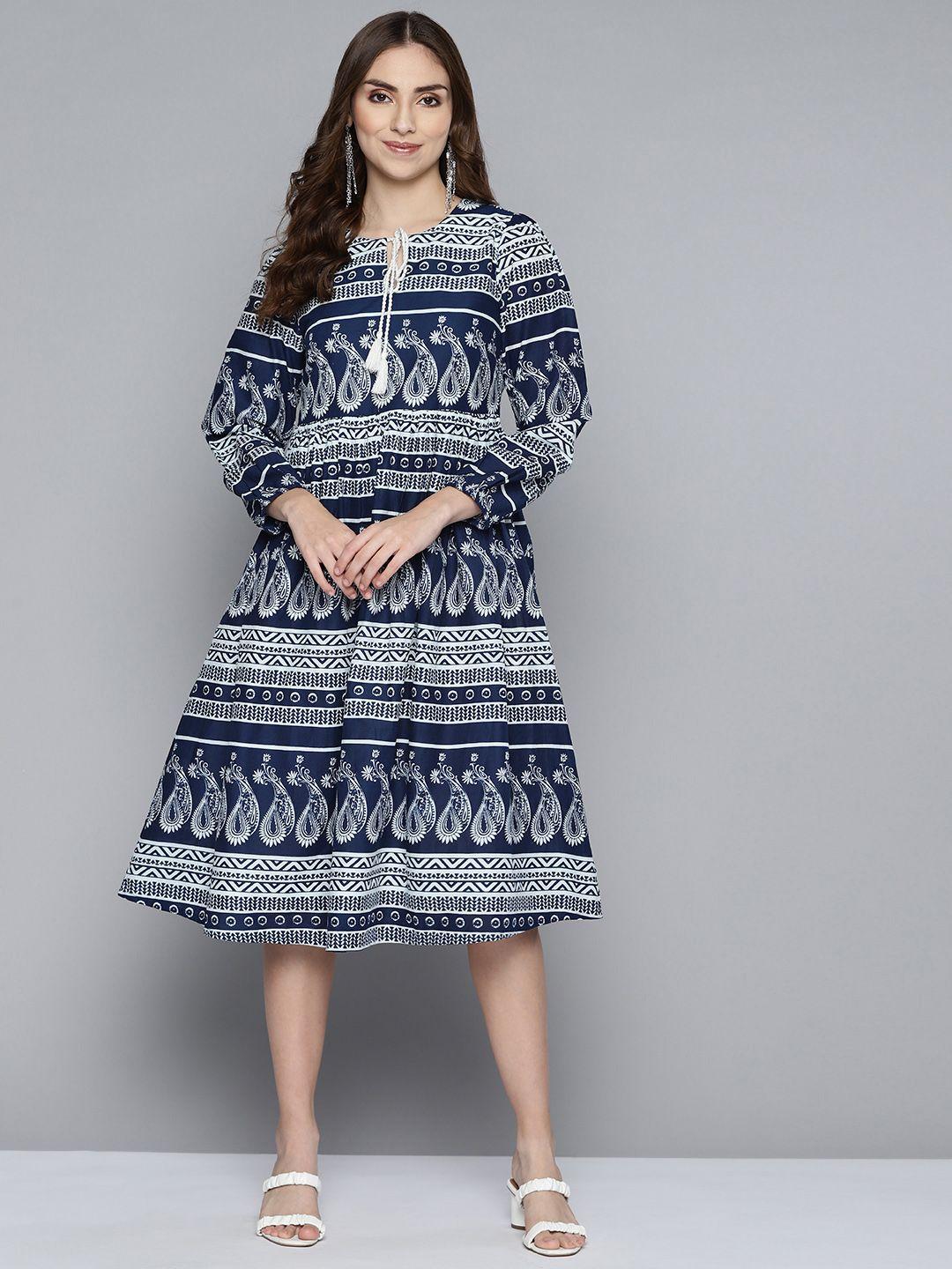 here&now navy blue & white ethnic motifs tie-up neck a-line dress