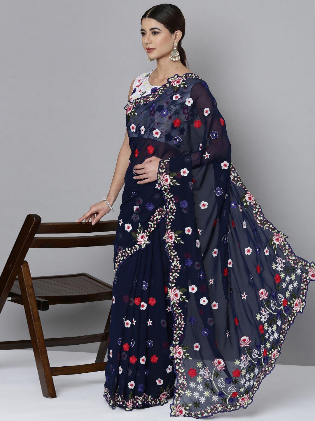 here&now navy blue & white floral embroidered pure georgette saree