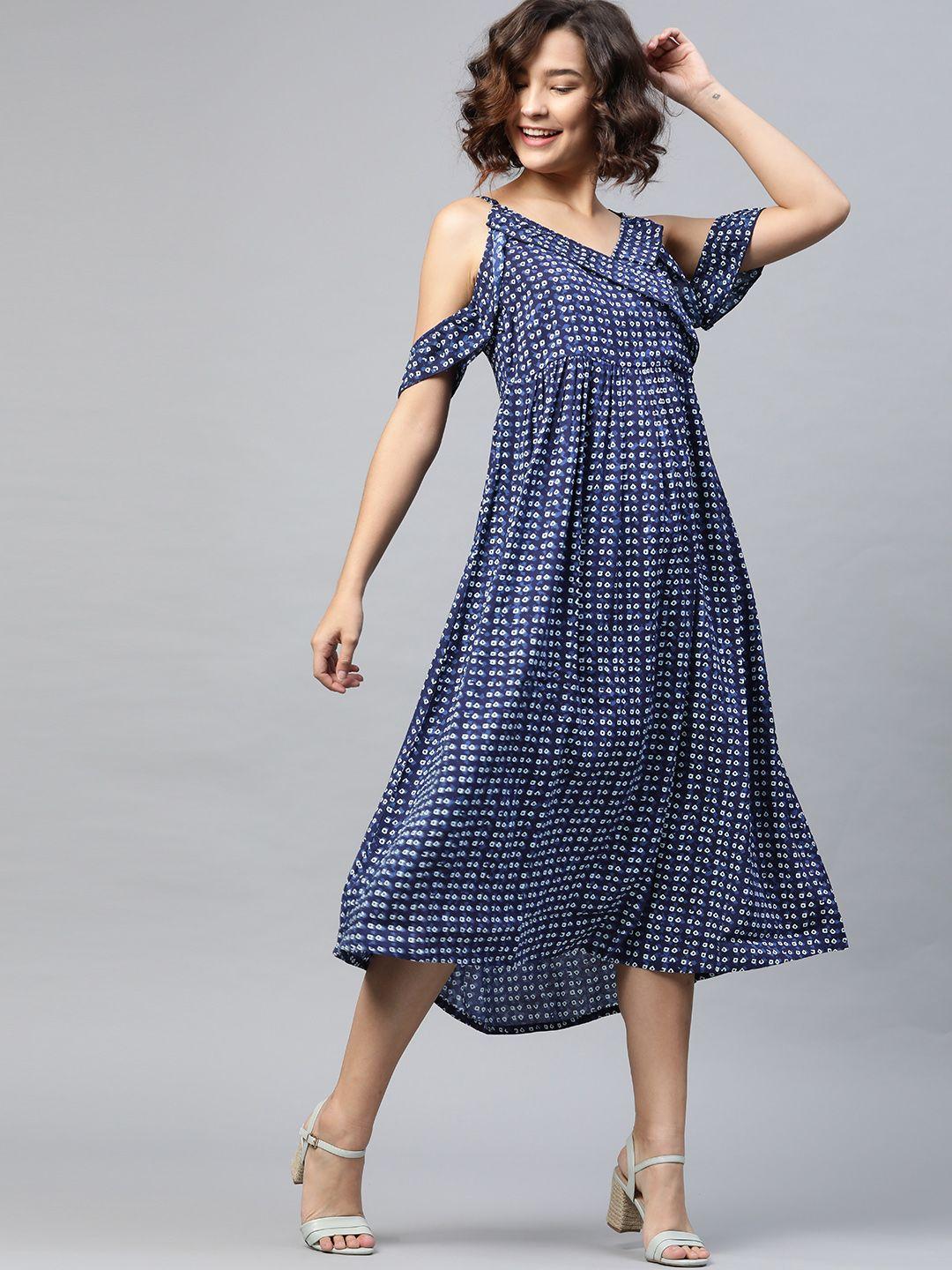here&now navy blue & white geometric printed wrap midi dress