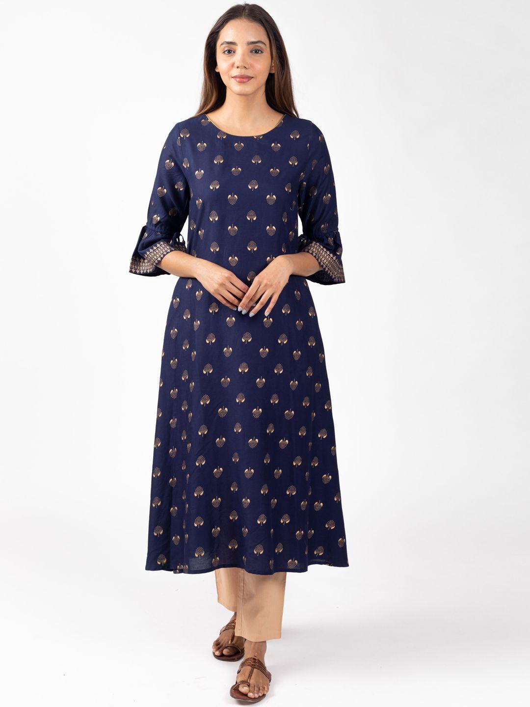 here&now navy blue ethnic motifs foil printed bell sleeves a-line kurta