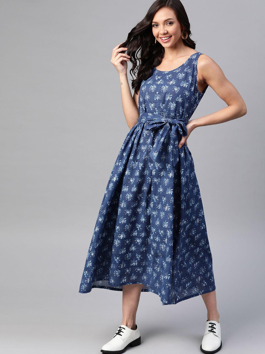 here&now navy blue ethnic motifs printed a-line midi dress