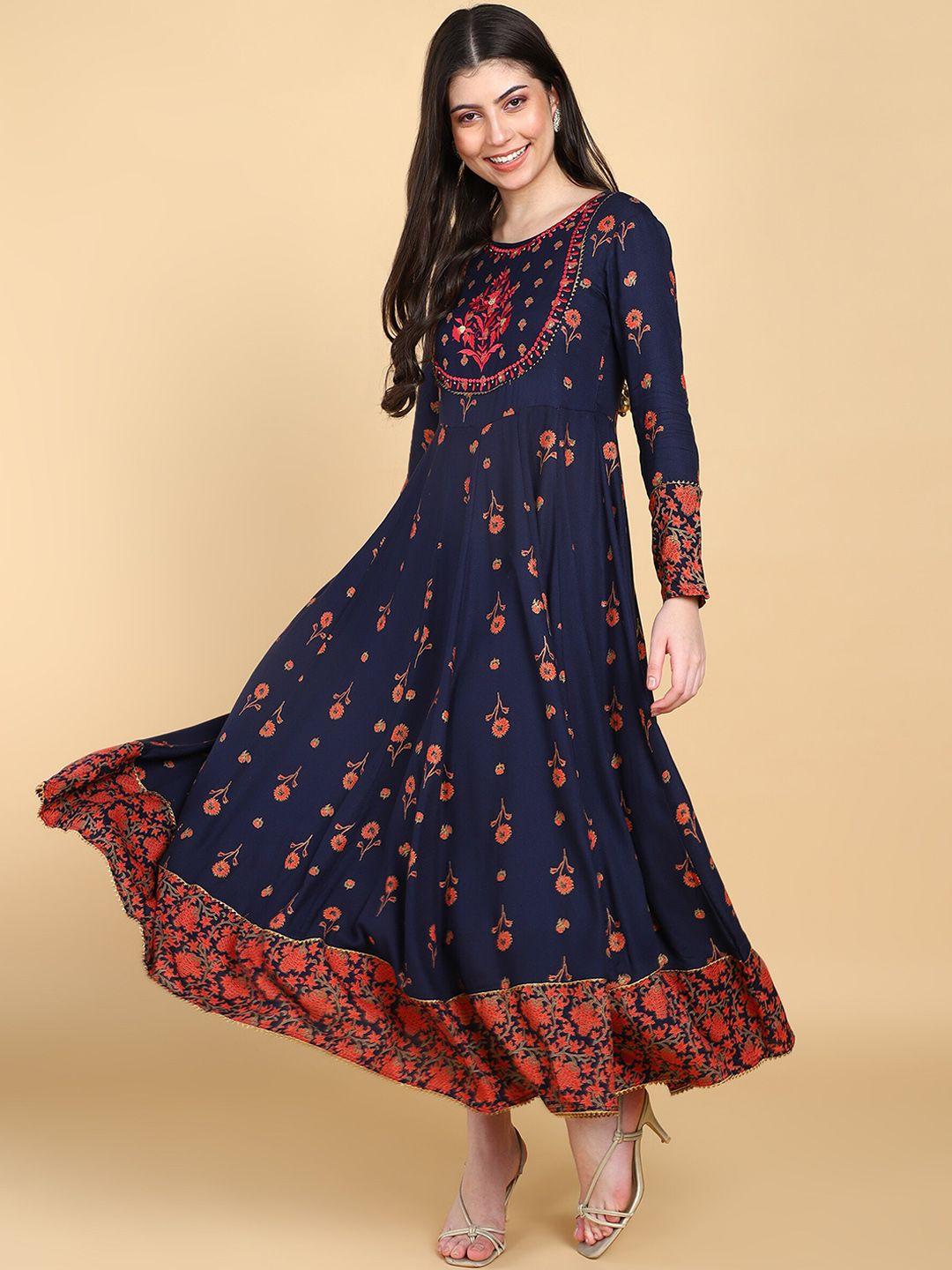 here&now navy blue floral printed embroidered fit & flare ethnic dress