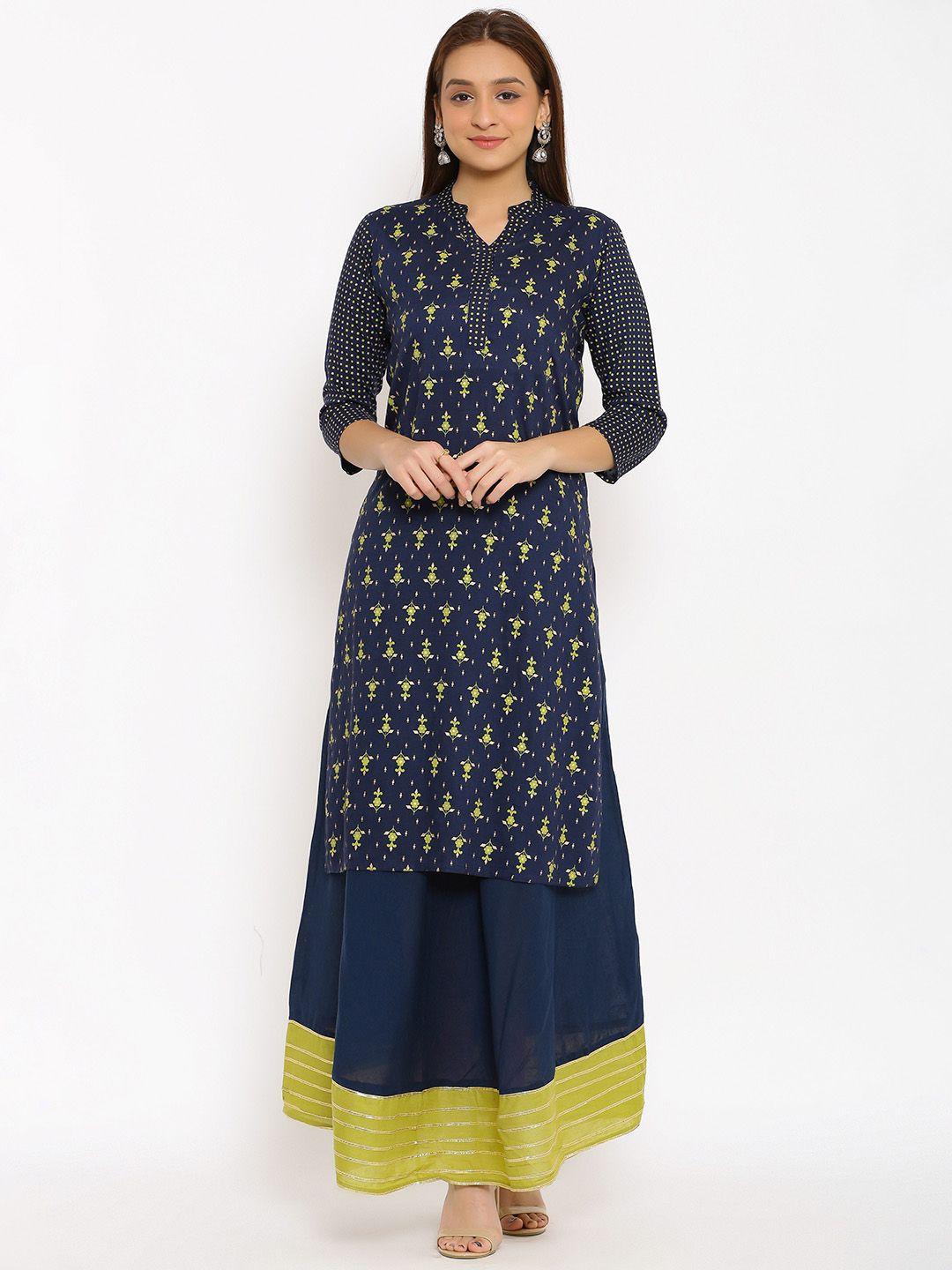 here&now navy blue mandarin collar ethnic motifs printed kurta