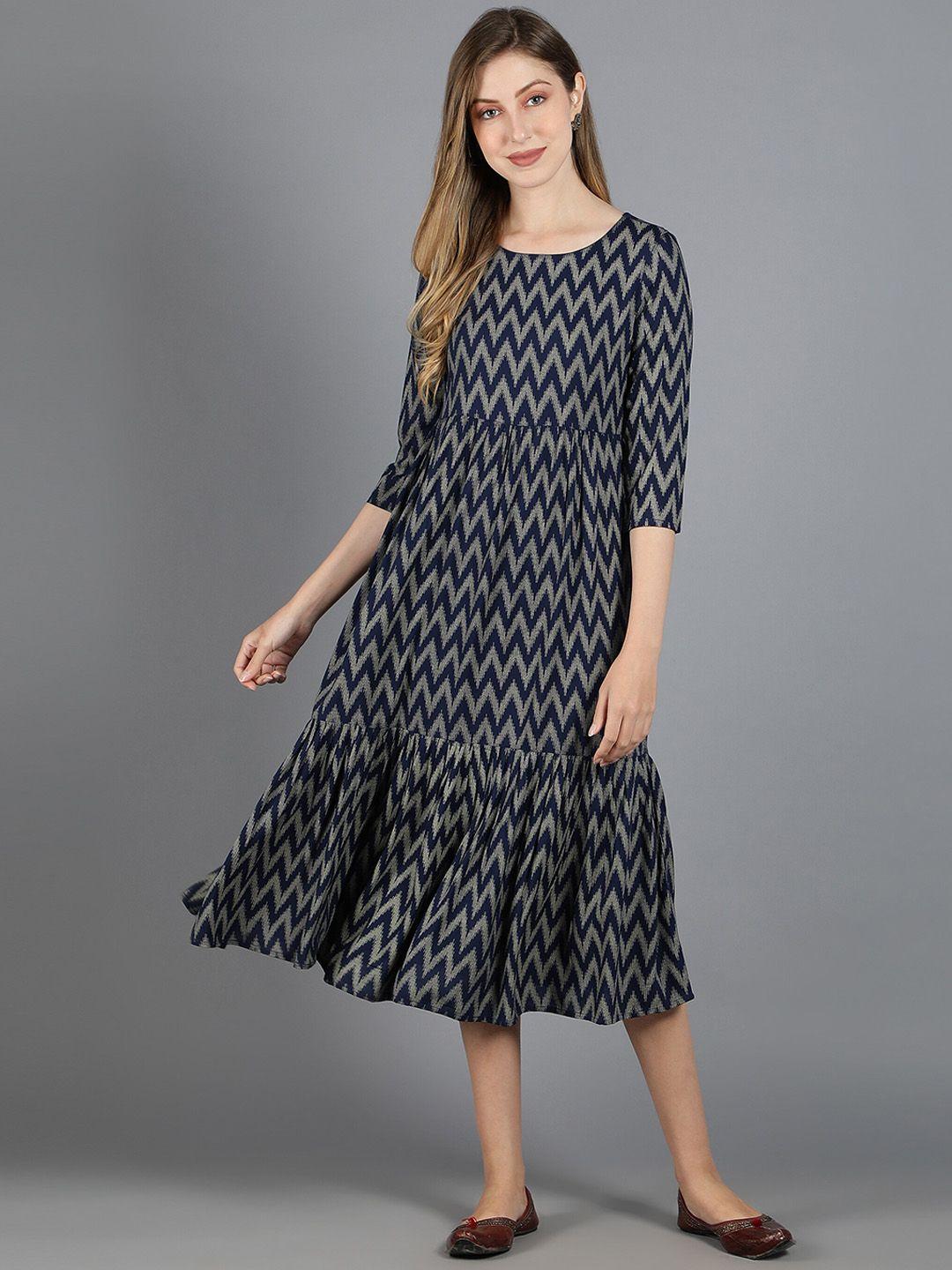 here&now navy blue printed fit & flare tiered midi dress