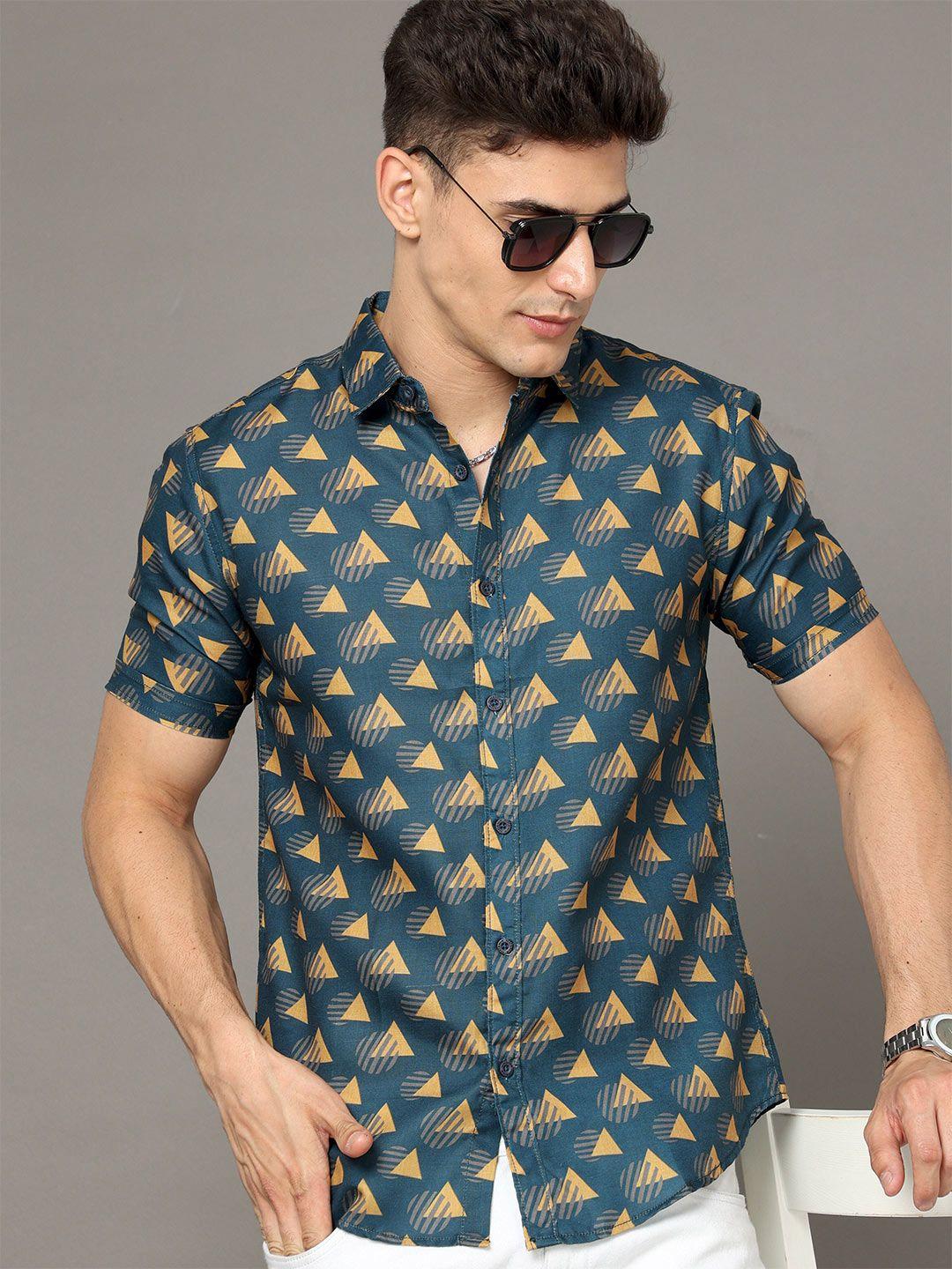 here&now navy blue slim fit geometric printed cotton casual shirt