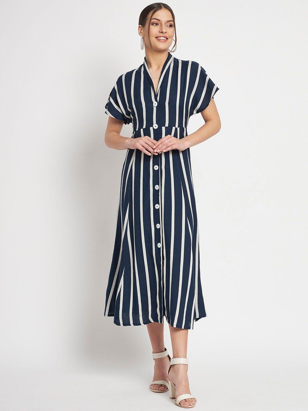 here&now navy blue striped shirt midi dress