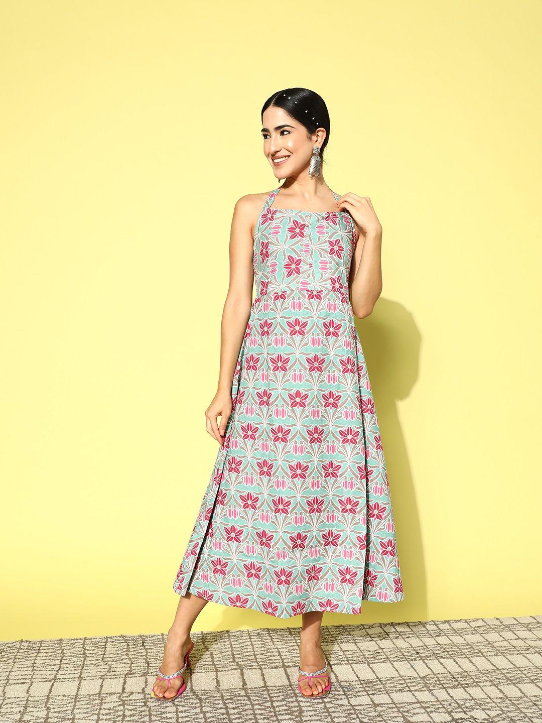 here&now ocean blue heritage revived pure cotton ethnic motifs printed a-line maxi dress