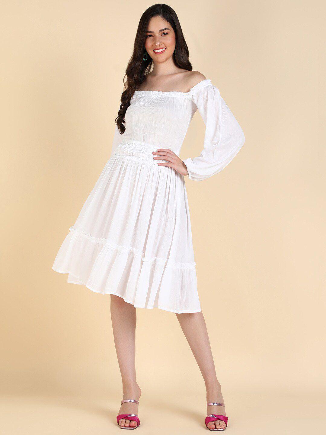 here&now off-shoulder puff sleeves tiered fit & flare dress