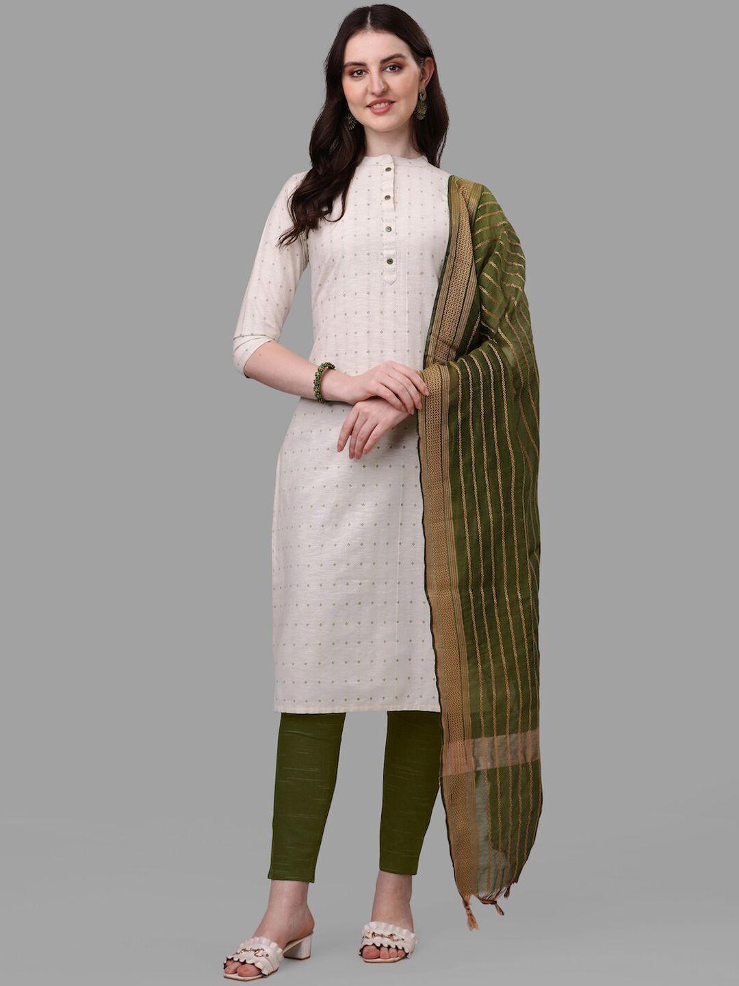 here&now off white & green woven design pure cotton kurta with trousers & dupatta