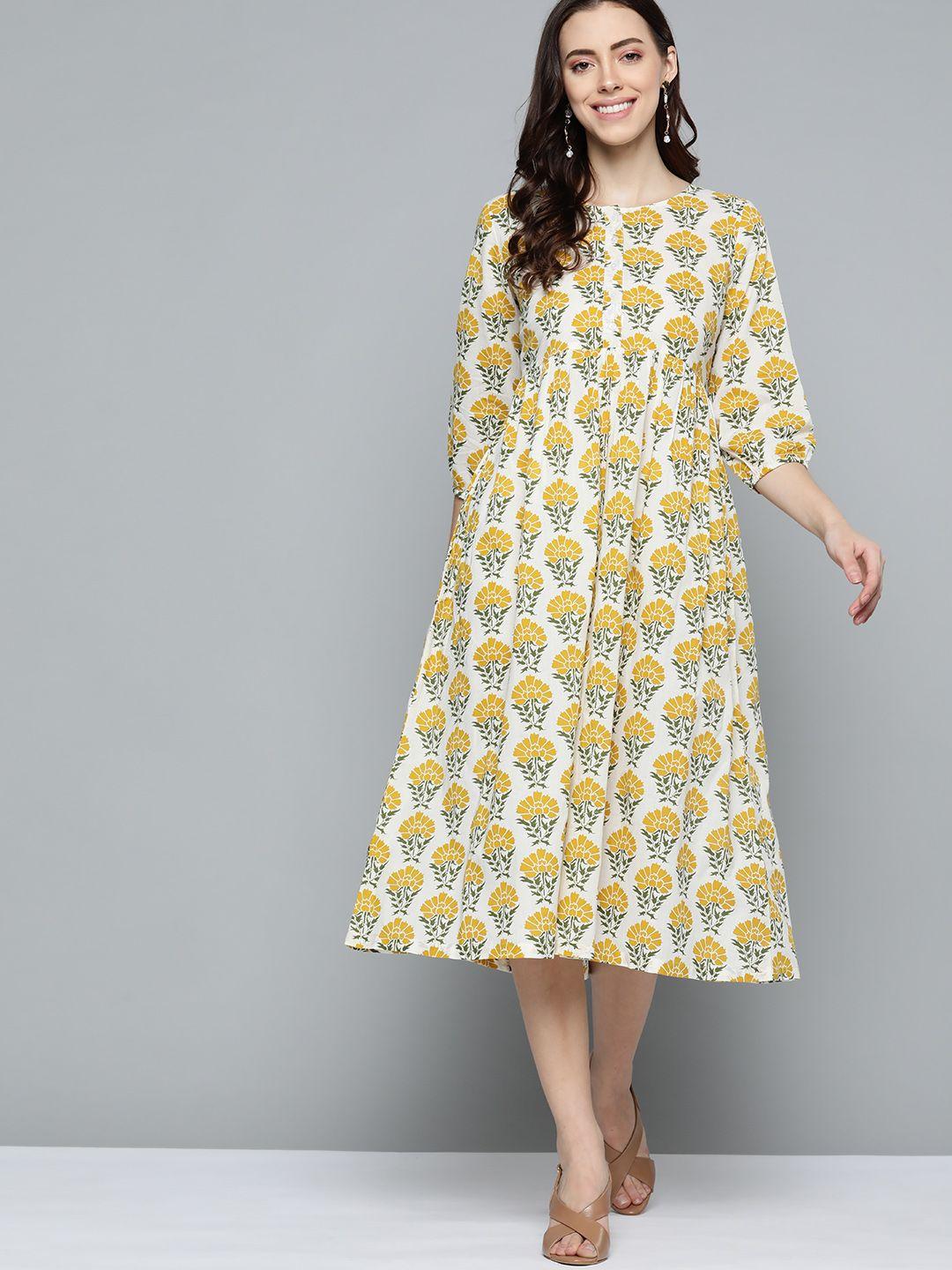 here&now off white & mustard yellow pure cotton floral print a-line midi dress