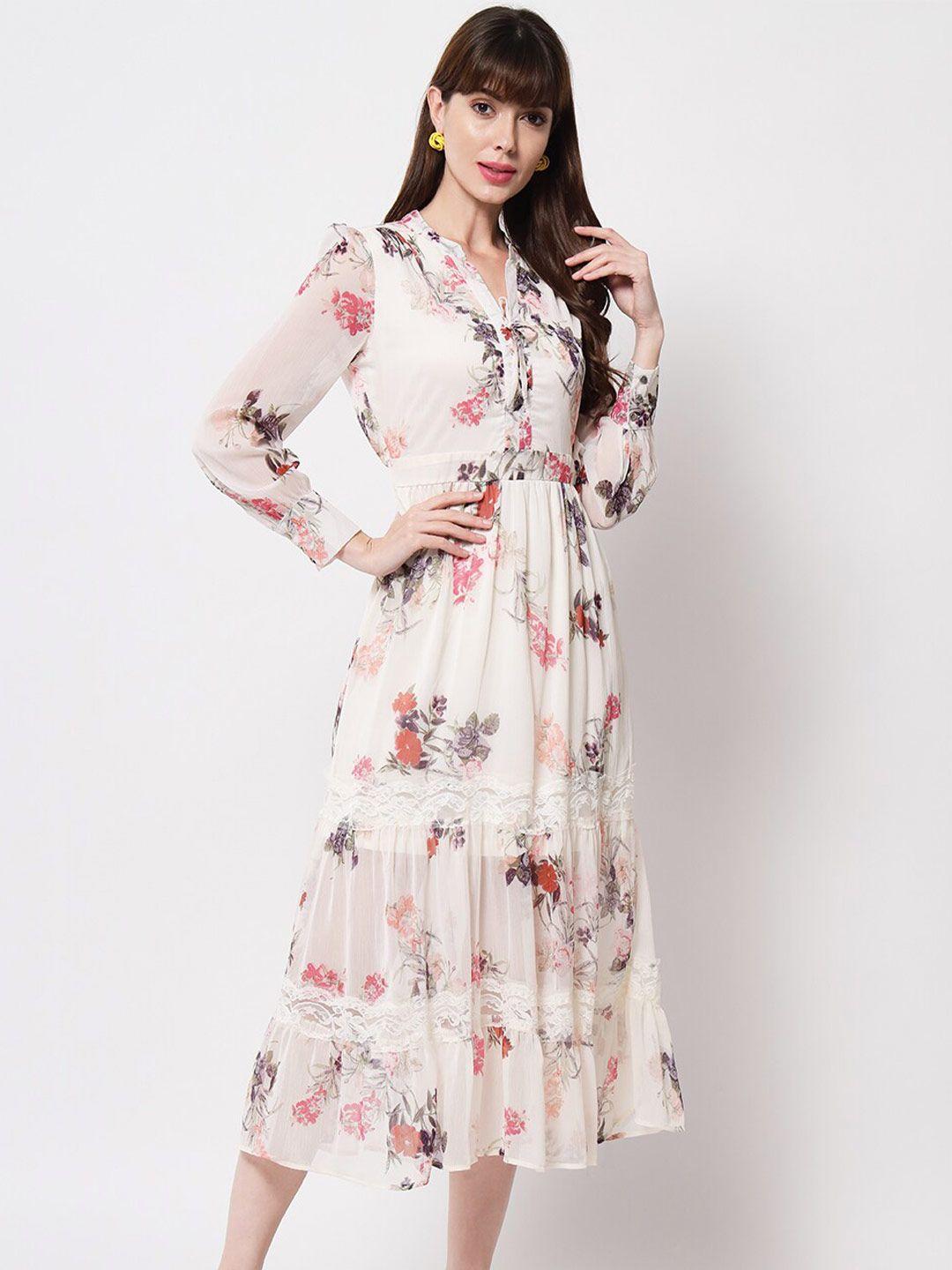 here&now off white & red floral tie-up neck layered chiffon a-line midi dress