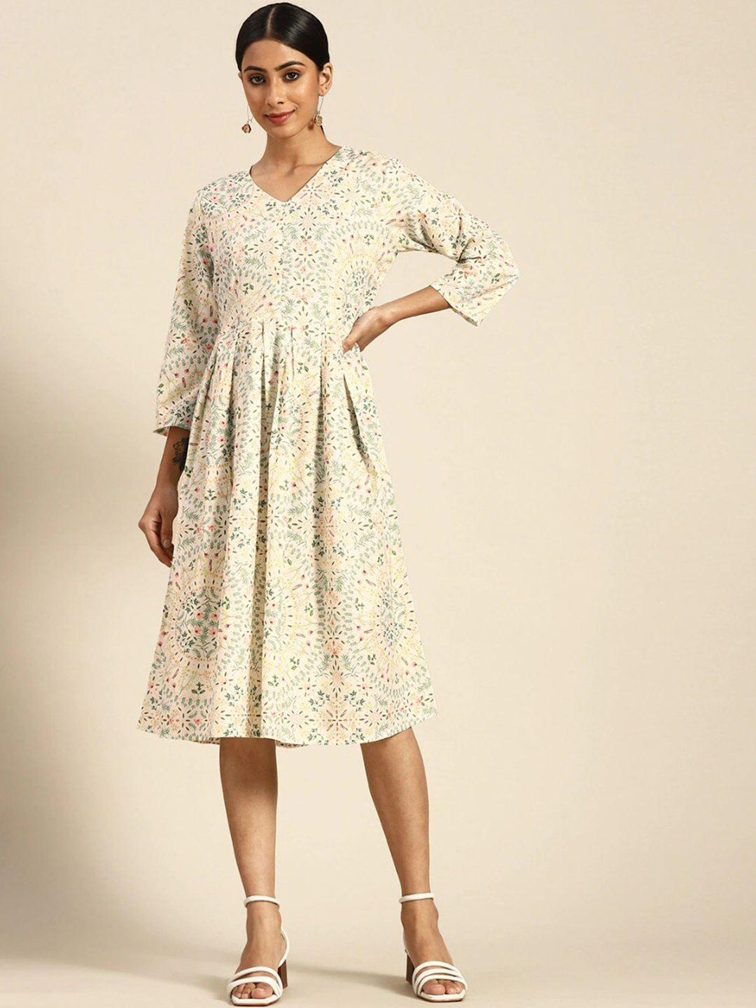 here&now off white & white floral print crepe a-line midi dress
