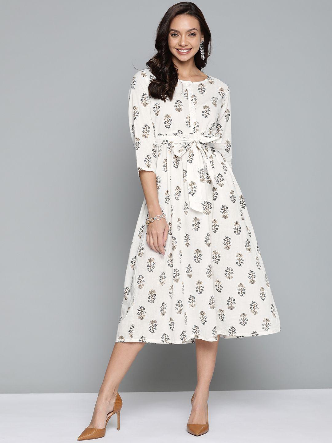 here&now off white & yellow ethnic motif a-line midi dress