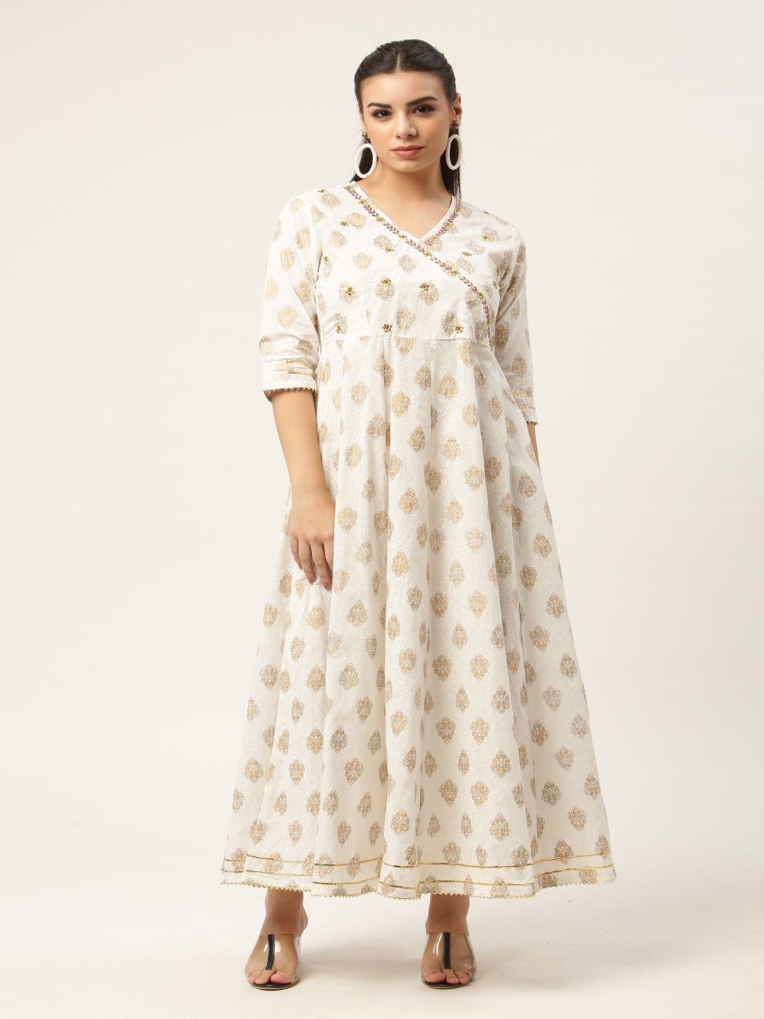 here&now off white cotton ethnic motifs maxi ethnic dress