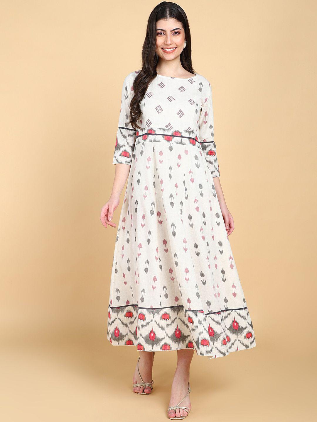 here&now off white ethnic motif printed cotton fit & flare ethnic dress