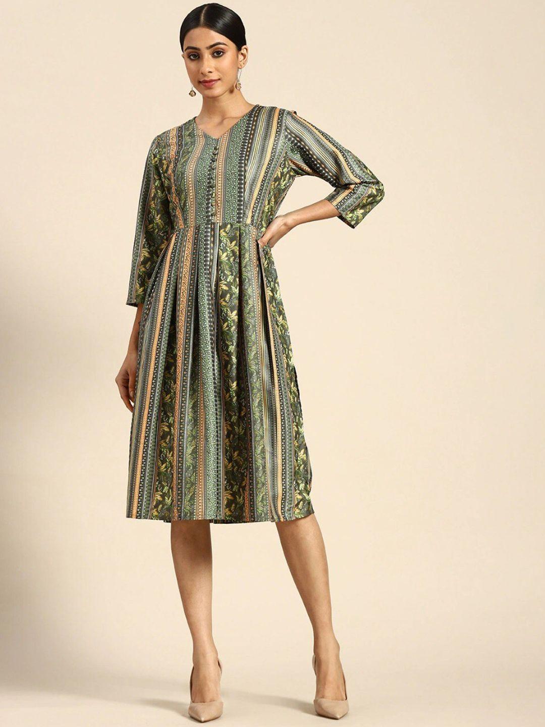 here&now olive green & green floral print crepe a-line midi dress