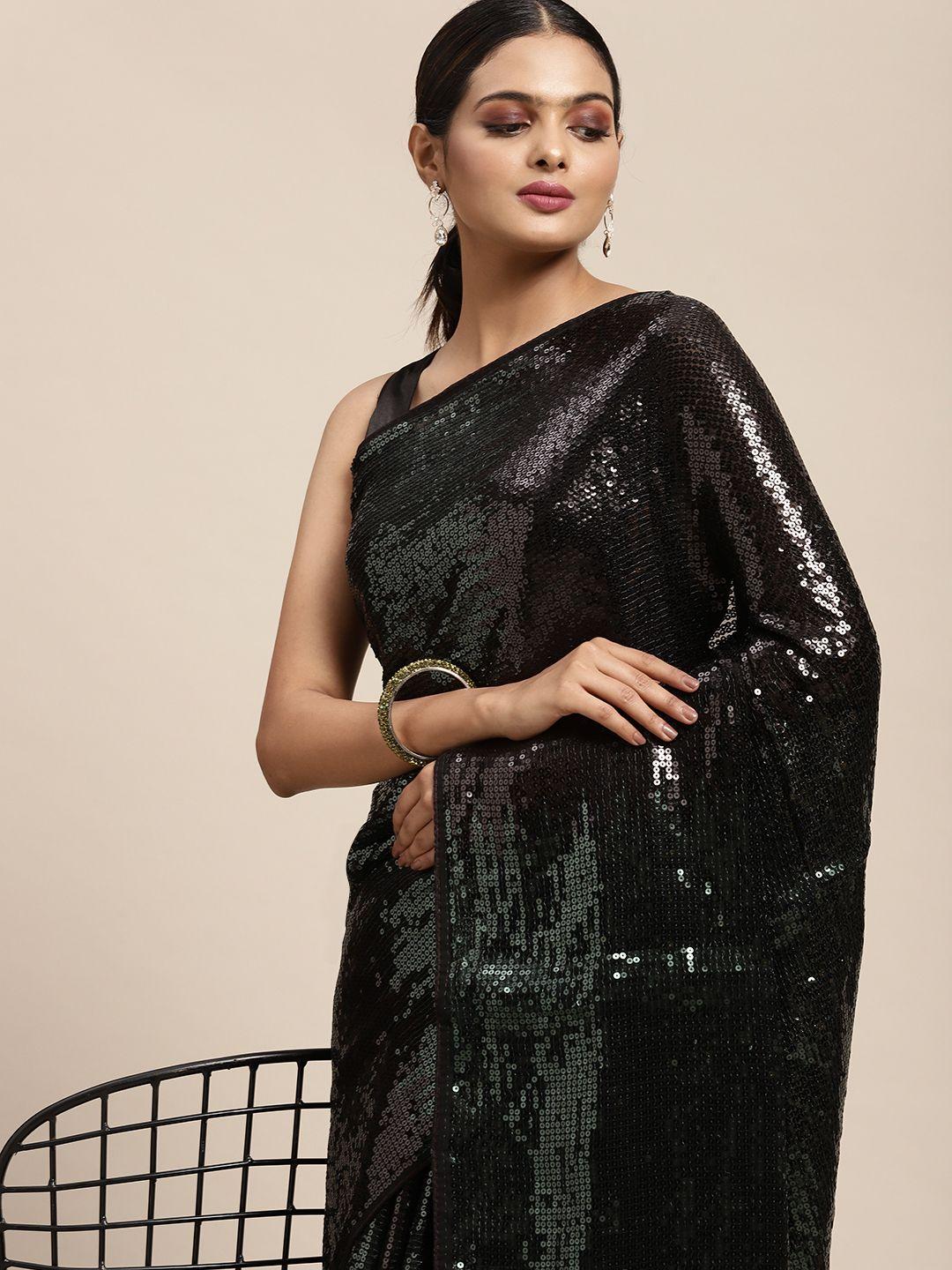 here&now olive green sequinned embellished pure georgette saree