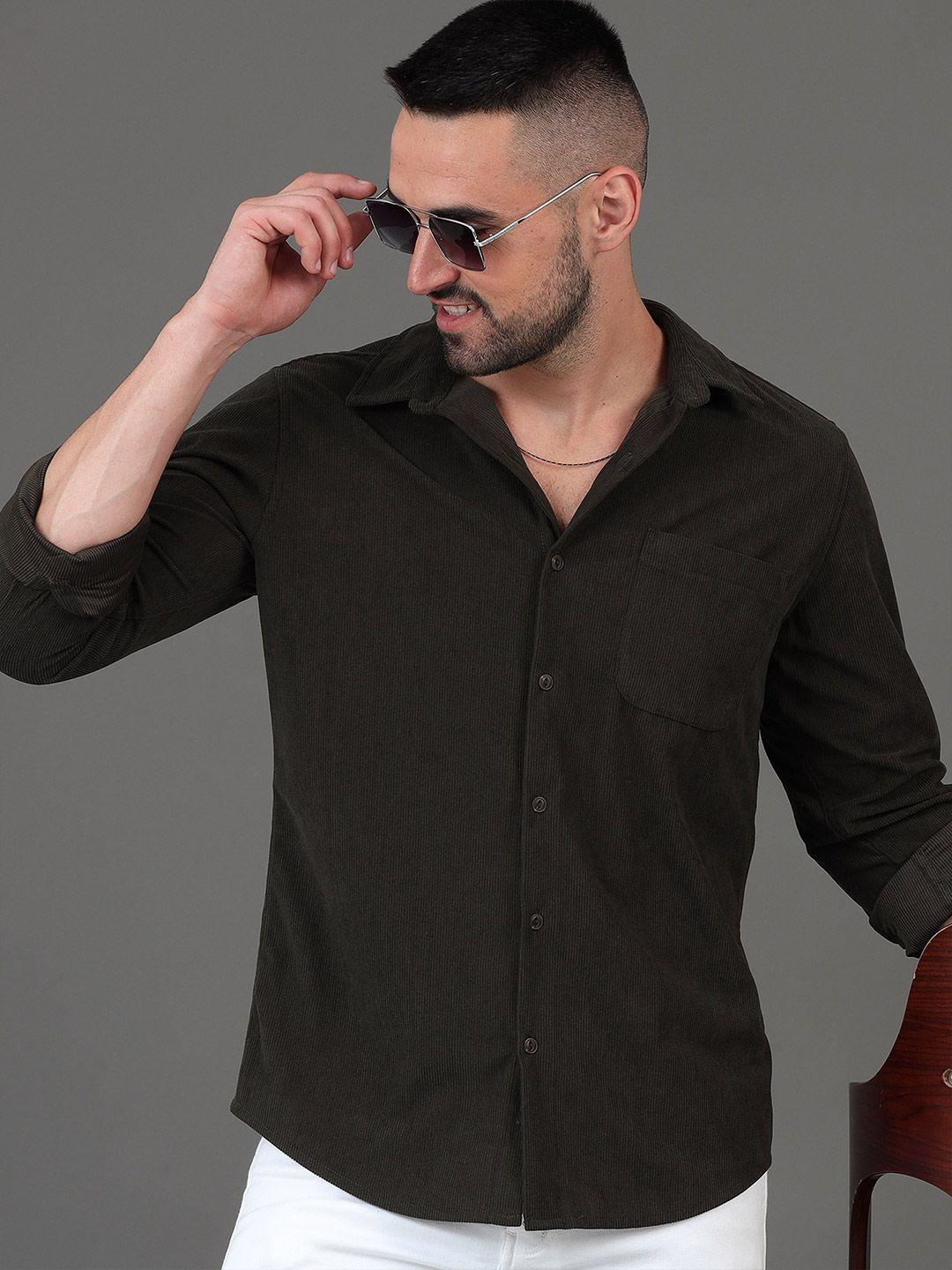 here&now olive green slim fit textured opaque casual shirt