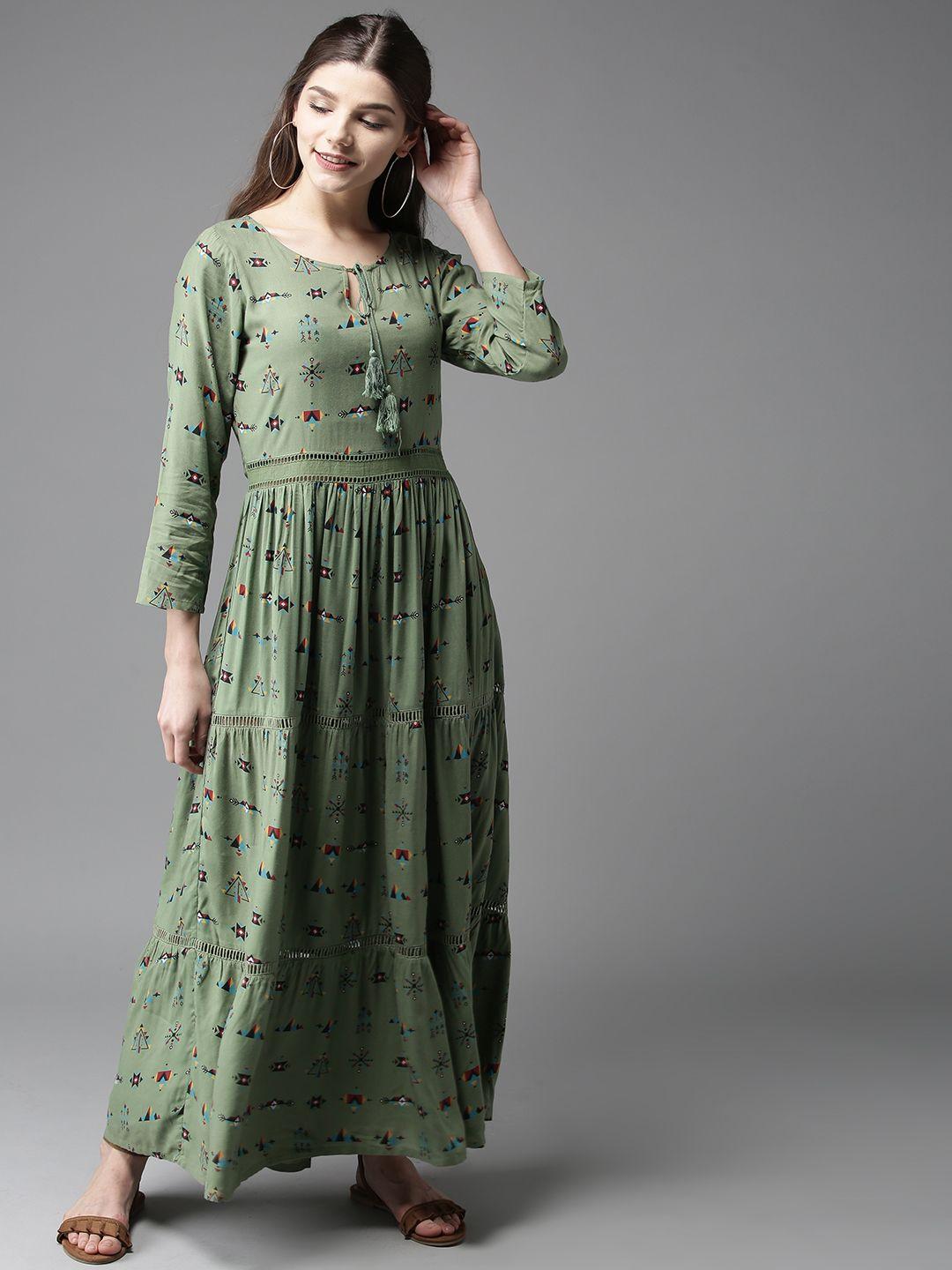 here&now olive green tribal printed tiered maxi dress
