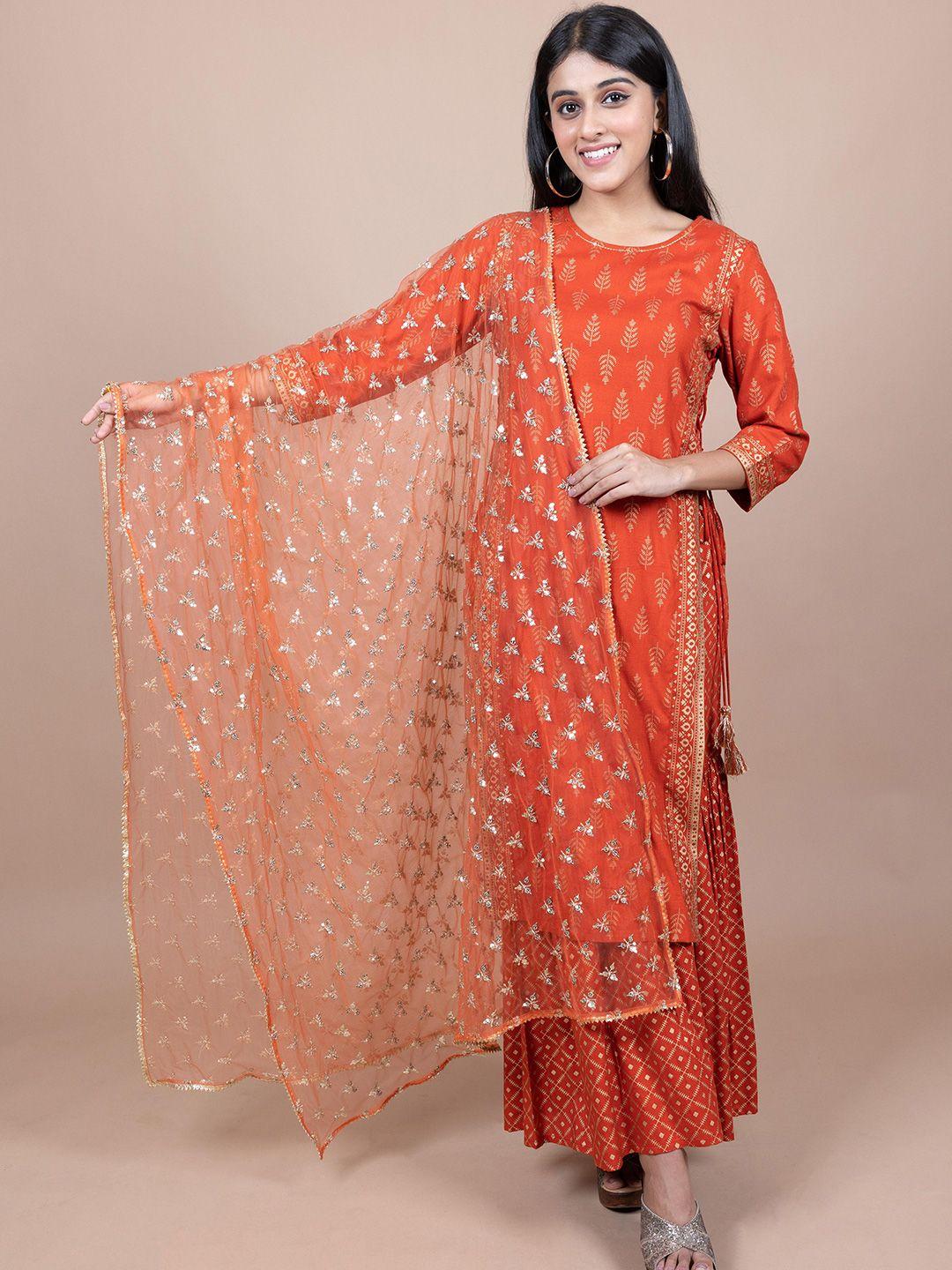 here&now orange & gold-toned ethnic motifs embroidered dupatta