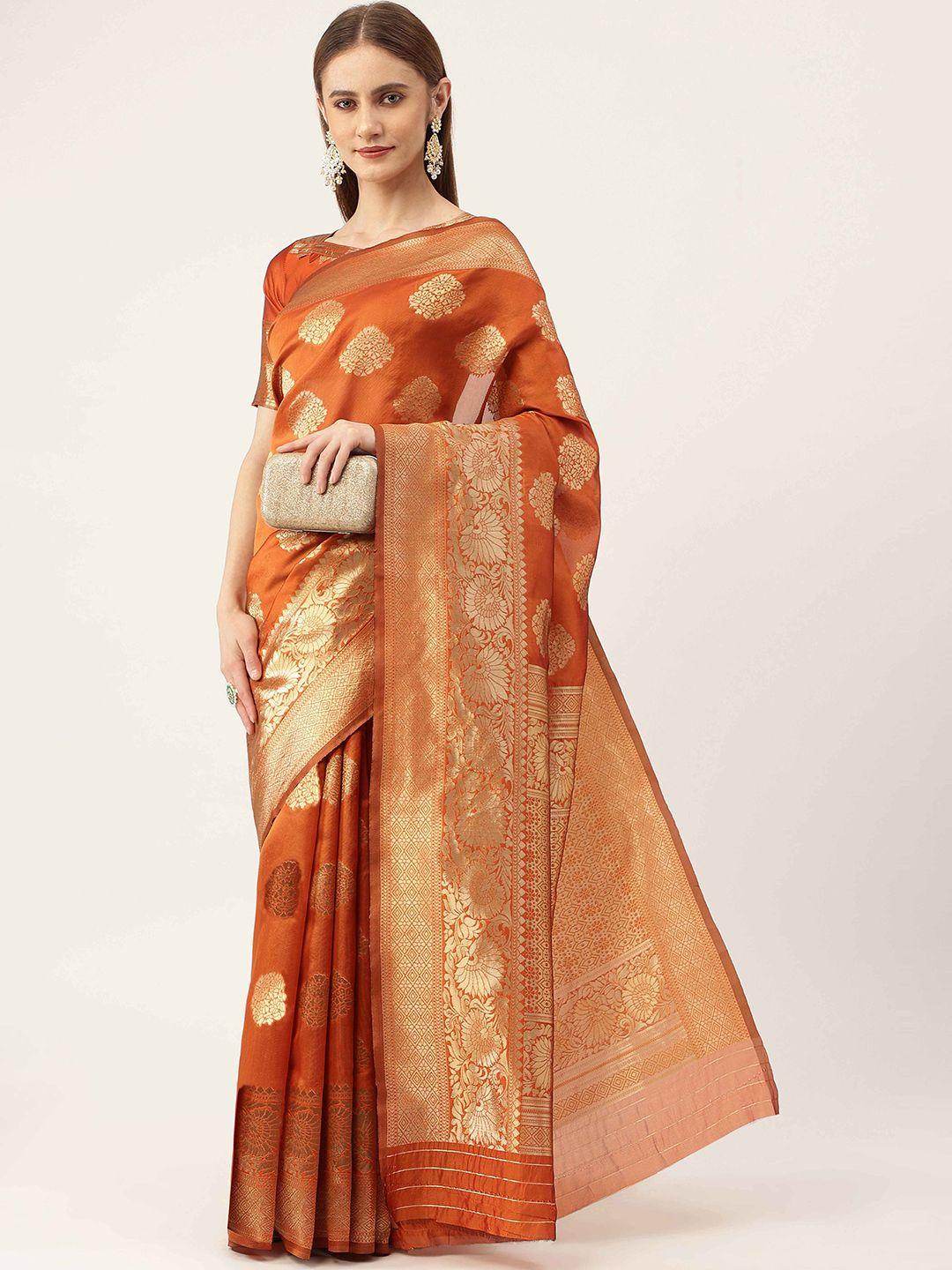 here&now orange & gold-toned ethnic woven design zari banarasi saree