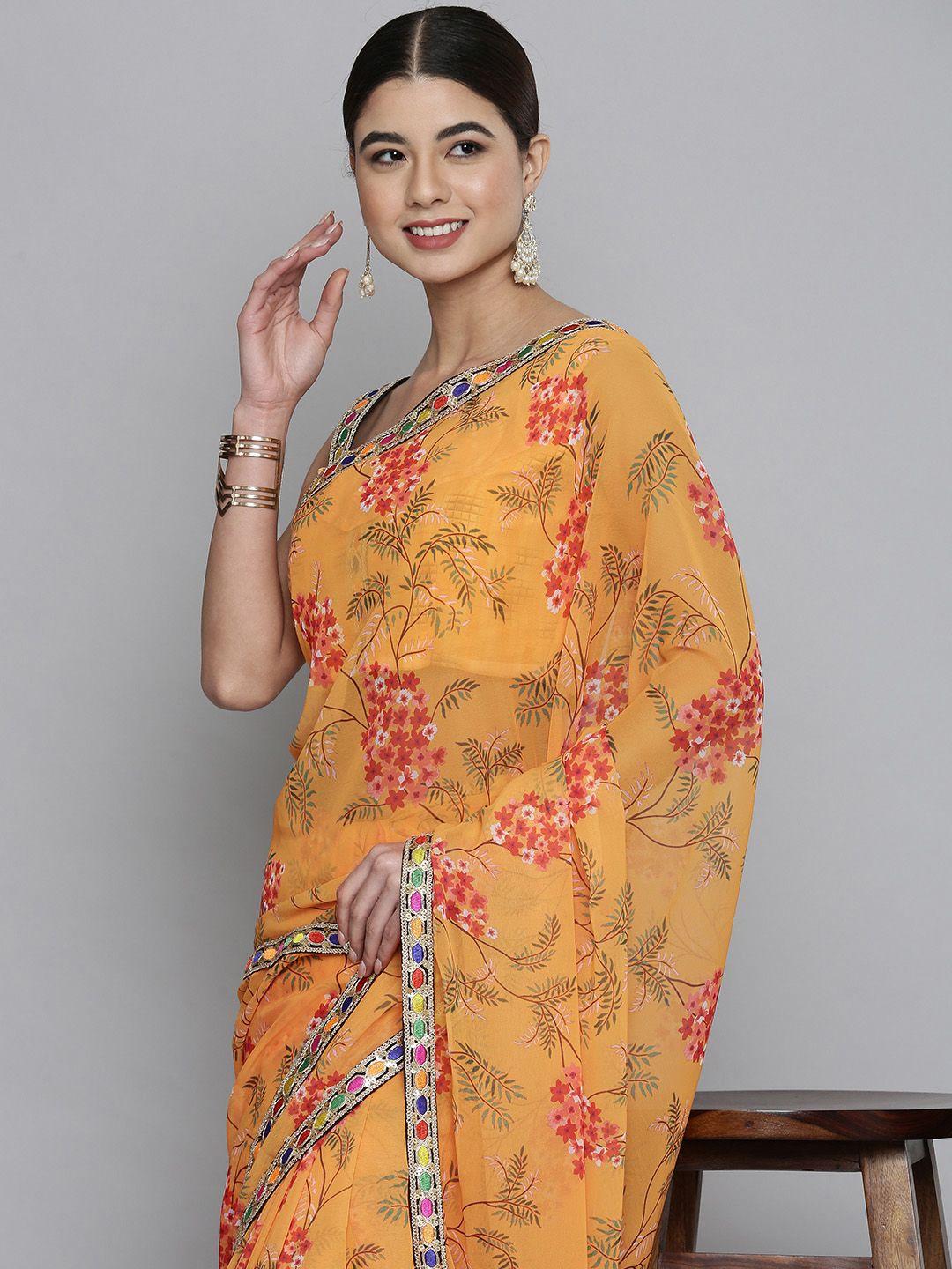 here&now orange & red floral sequinned pure georgette saree