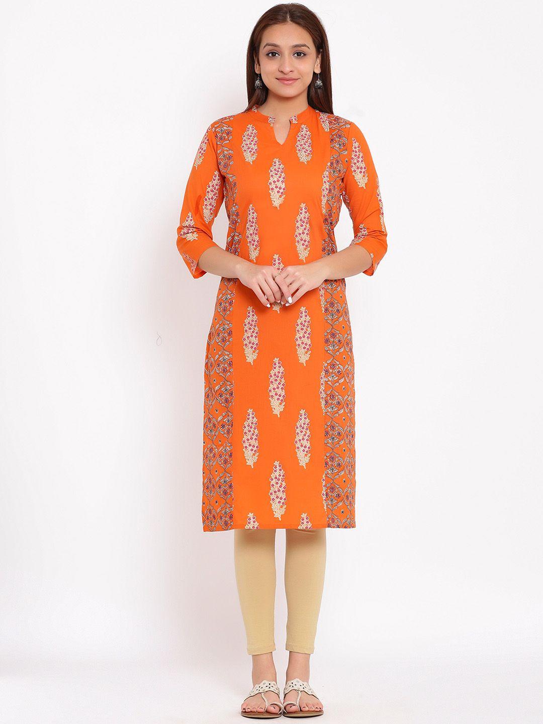 here&now orange & white ethnic motifs printed straight kurta