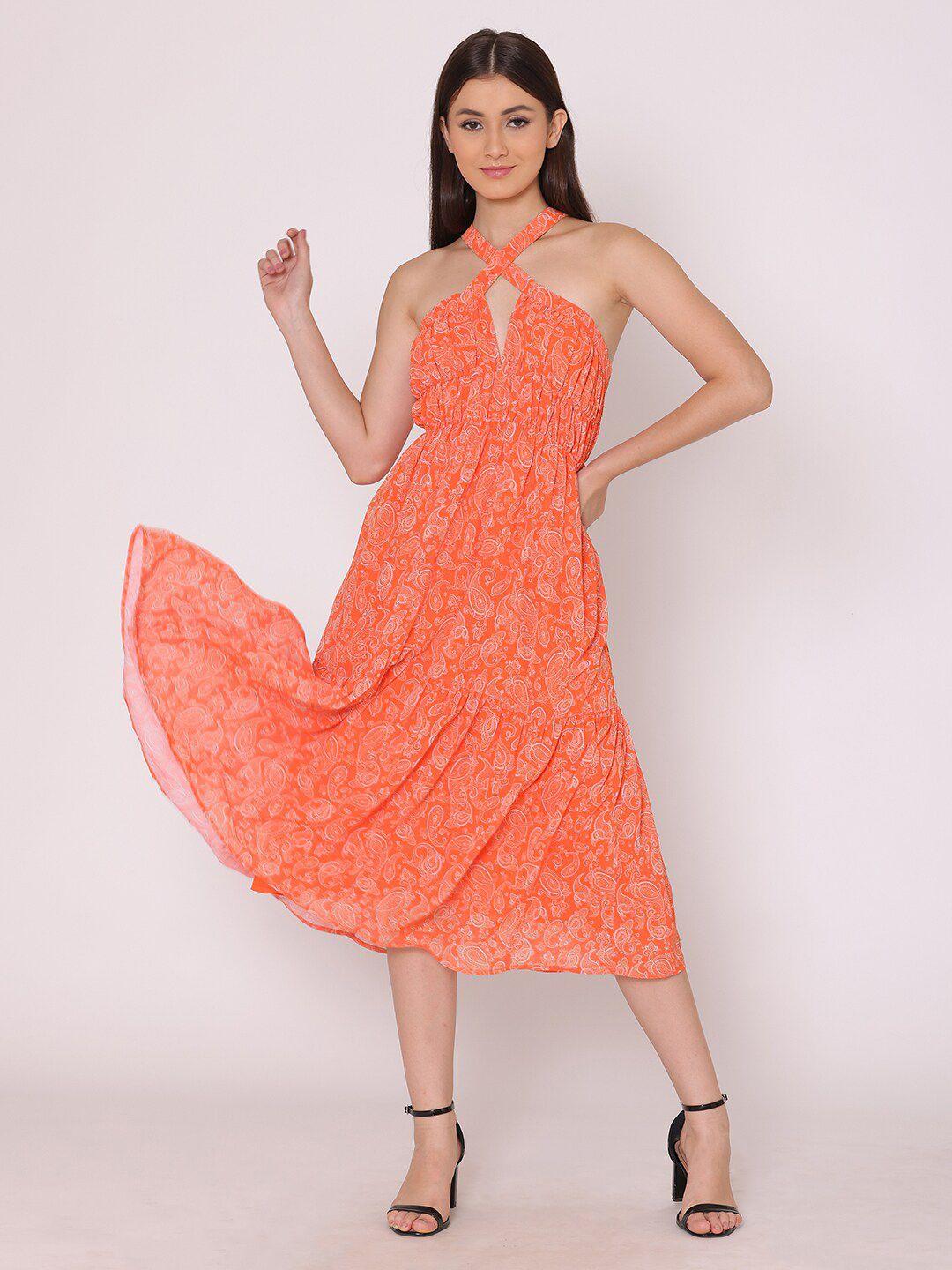 here&now orange ethnic motifs georgette a-line tiered midi dress