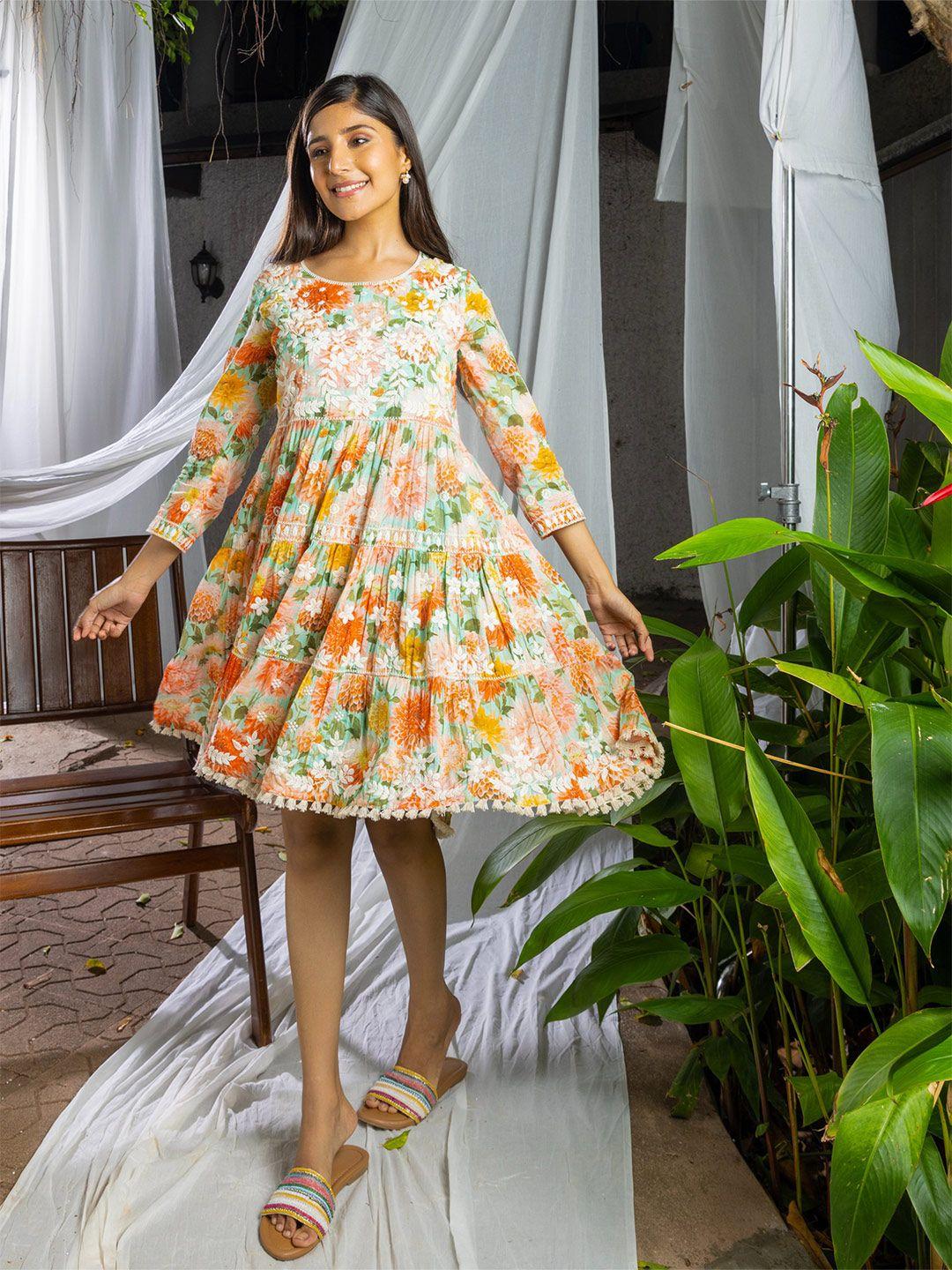 here&now orange floral print a-line dress