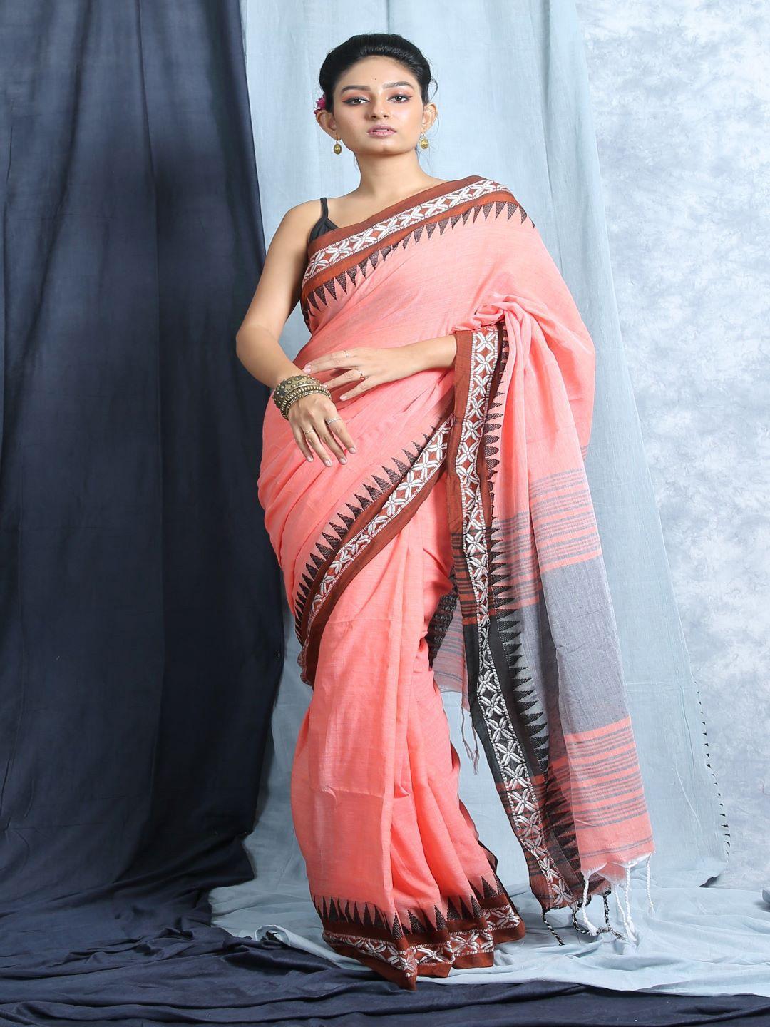 here&now peach-coloured & red zari pure cotton khadi saree