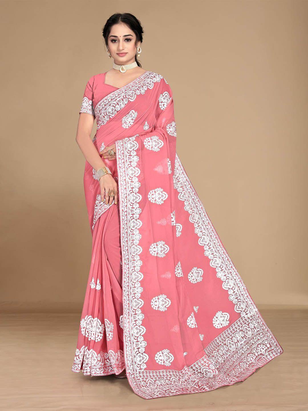 here&now peach-coloured & white floral embroidered saree